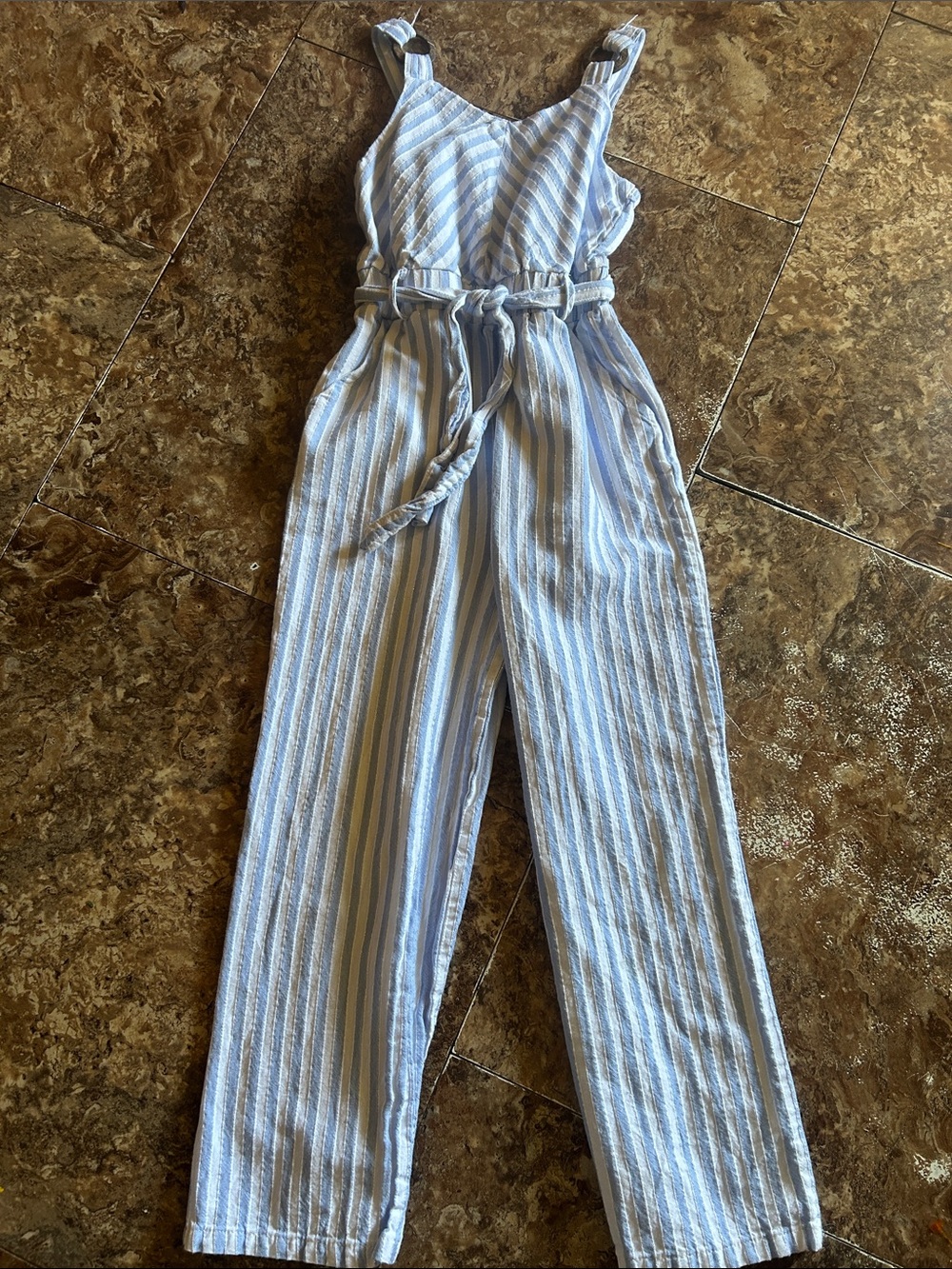 Tahari Blue & White Striped Sleeveless Jumpsuit with Tie Waist